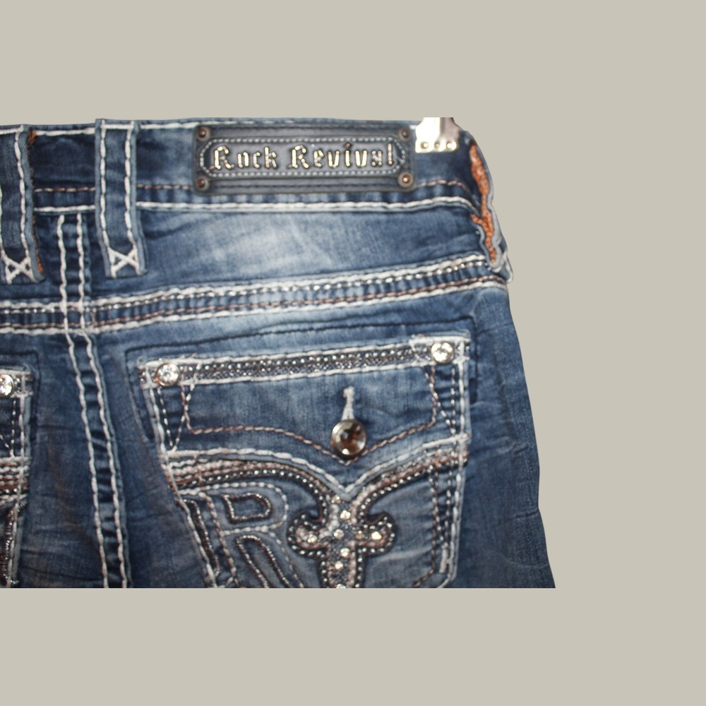 Rock Revival Sundee Mid-Rise Skinny Jeans Blue Embellished Flap Pocket Size 27 - Picture 3 of 5